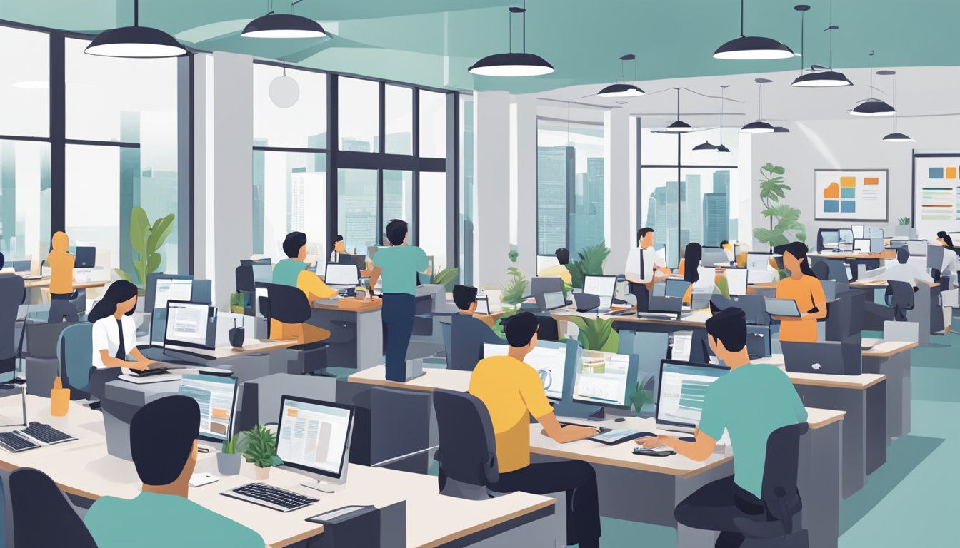 A bustling office with SMEs discussing and applying for the Enterprise Singapore SME Working Capital Loan. Documents and computers are scattered across desks as employees work diligently