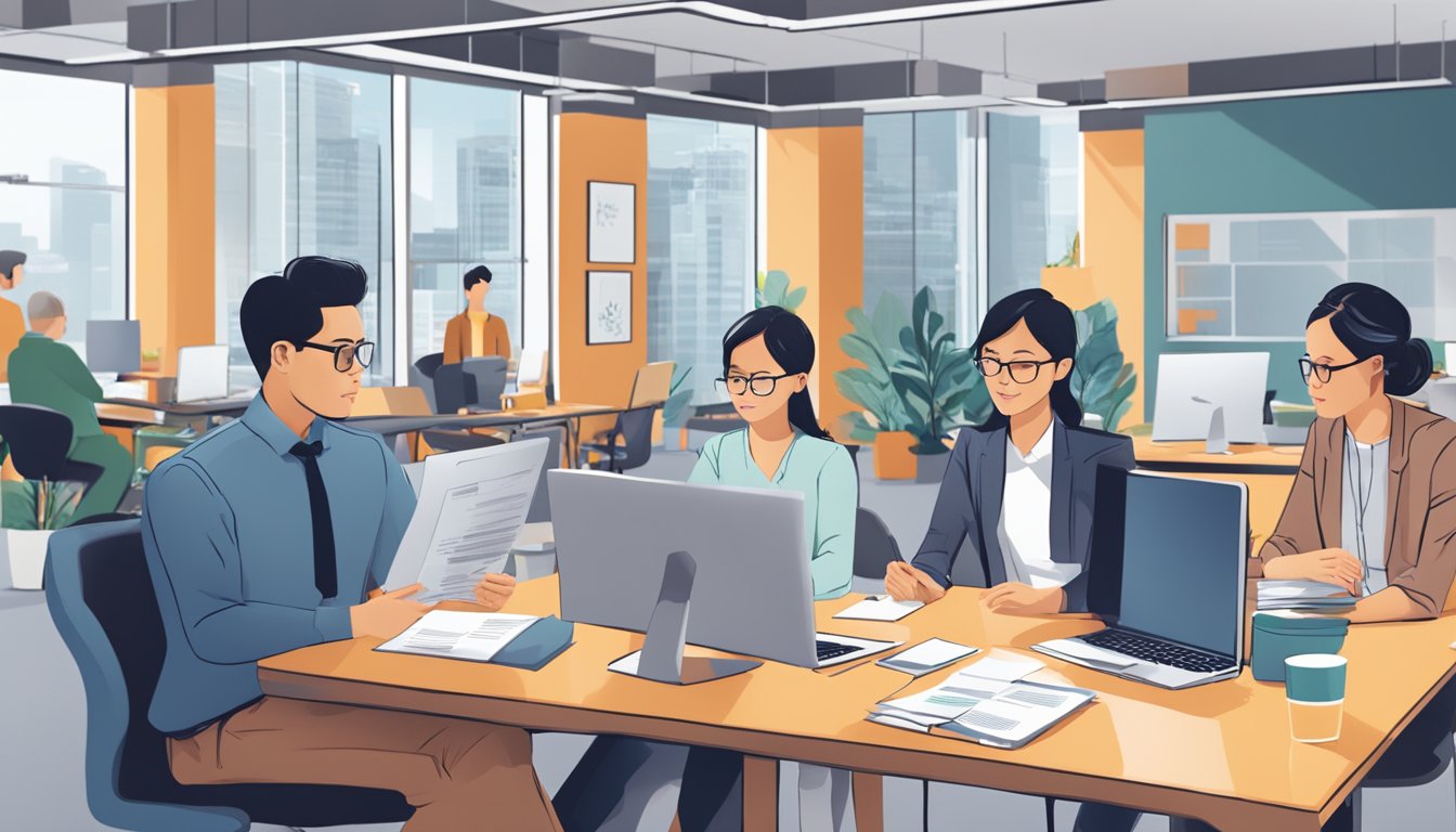 A bustling office with SME owners discussing loan eligibility criteria with Enterprise Singapore representatives. Documents and computers are scattered across the table