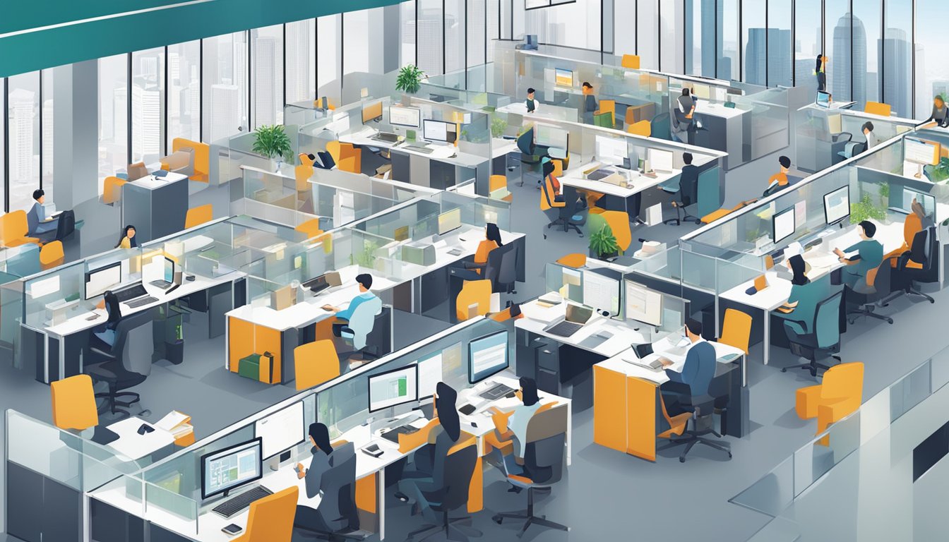 A bustling office with SMEs collaborating on projects, with Enterprise Singapore SME Working Capital Loan posters prominently displayed