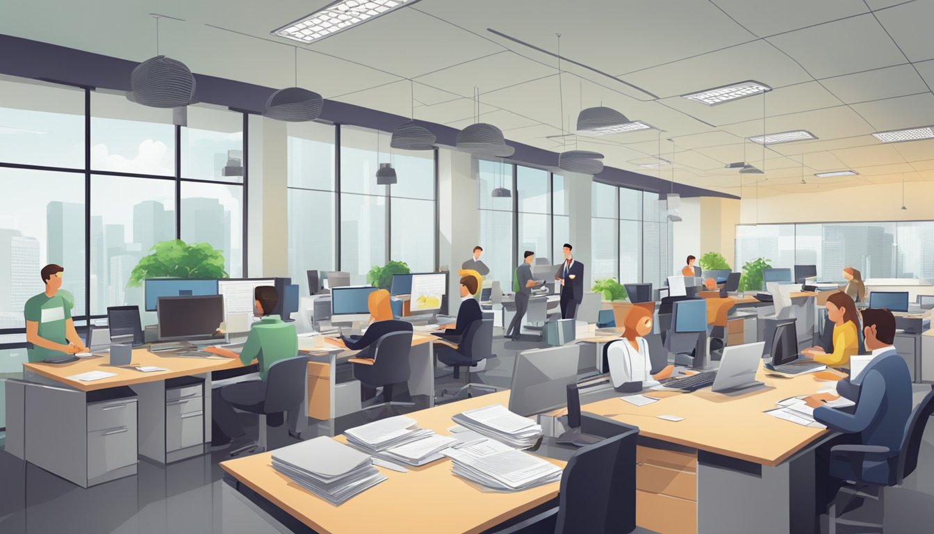A bustling office with employees processing paperwork and discussing financial documents for an SME working capital loan. The room is filled with the hum of productive activity