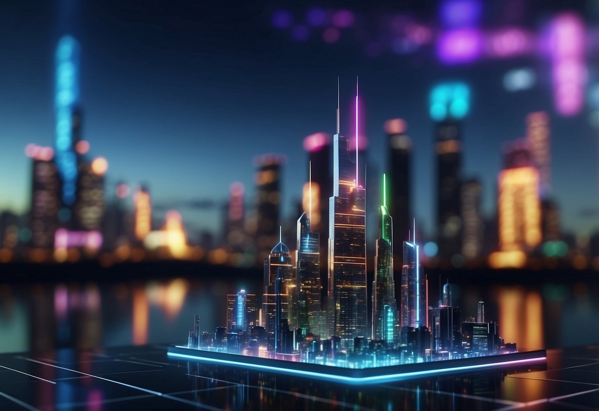 A futuristic city skyline with neon lights, holographic displays, and sleek, modern architecture, surrounded by a digital grid pattern