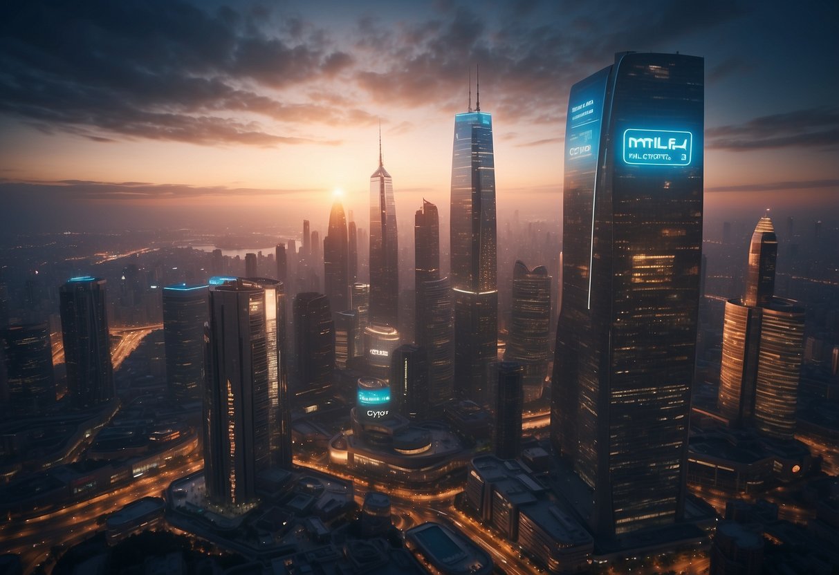 A futuristic cityscape with towering skyscrapers, glowing neon signs, and sleek, hovering vehicles. The city is bustling with activity, and the skyline is dominated by a large, shimmering digital display of the words "Mila Solana CRYPTO