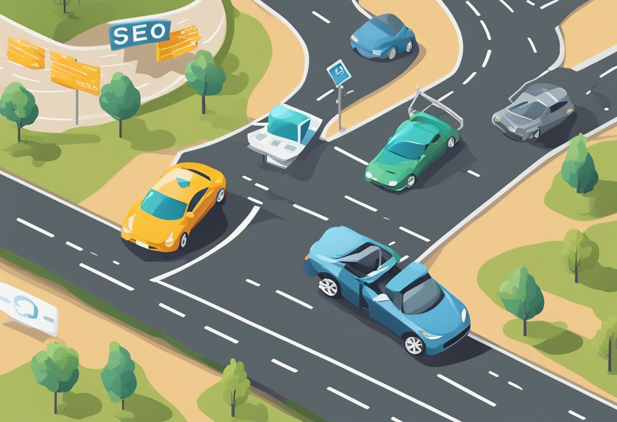 A car driving on a road, with "SEO vs SEM" and "SEO specialist" written on signposts, while someone studies "SEO for beginners."