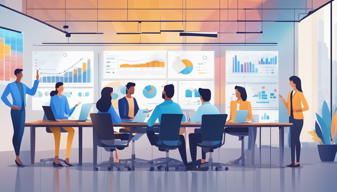 A group of people discussing finances and innovation in a modern office setting. Charts and graphs are displayed on a large screen in the background