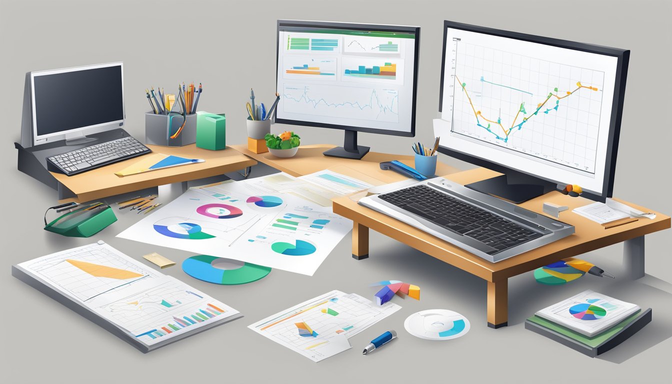A table with various tools, a computer, and a whiteboard with charts and diagrams