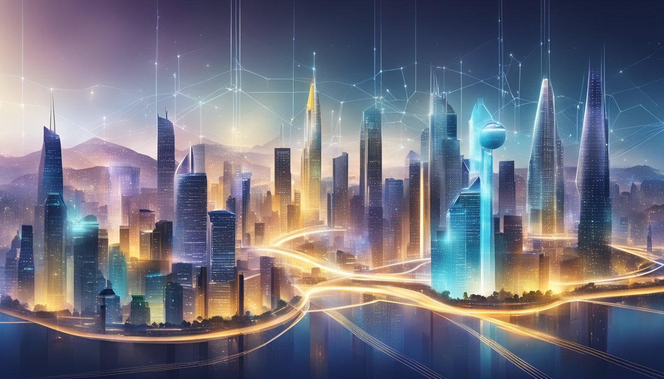 A futuristic city skyline with interconnected digital networks and technological advancements, symbolizing innovation and business development