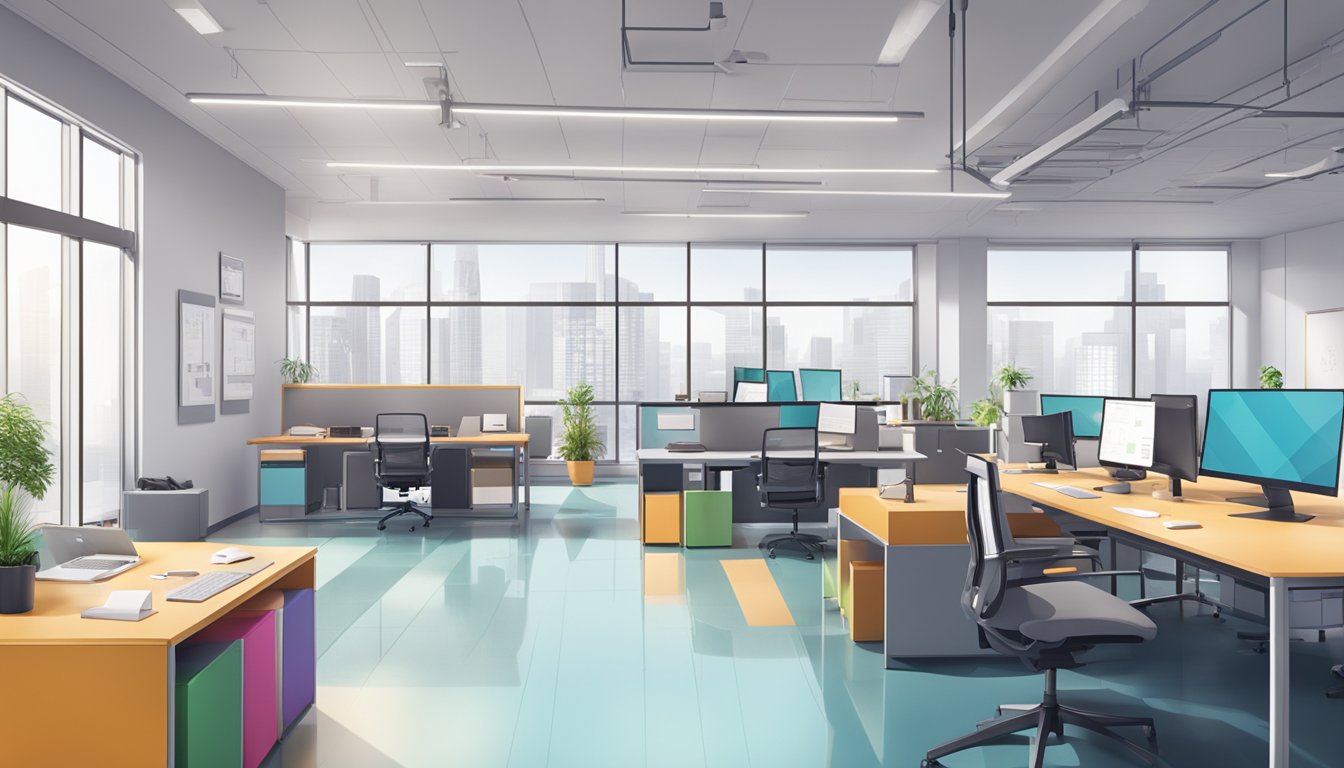 A modern office space with collaborative work areas, whiteboards, and technology tools for innovation and business development
