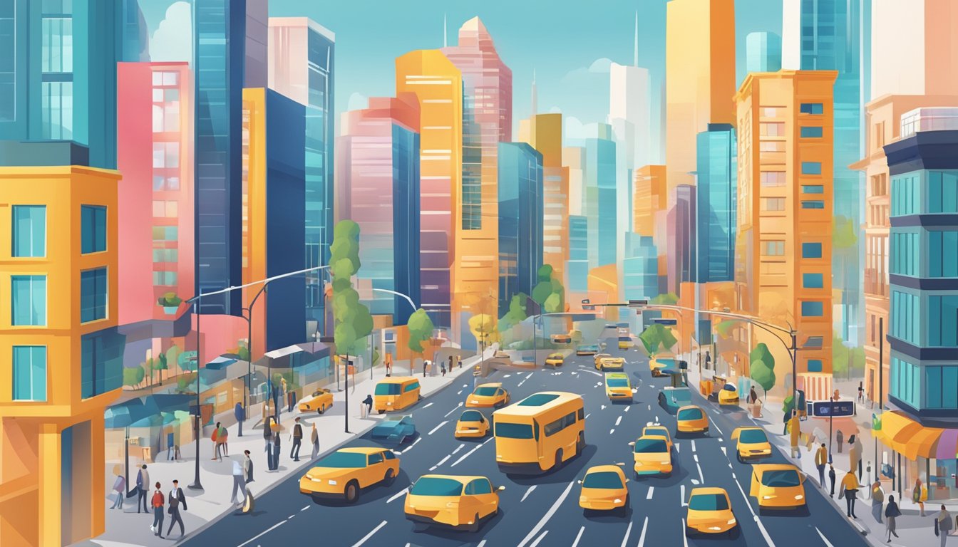 A bustling city street with modern buildings and vibrant signage, symbolizing entrepreneurship and new business opportunities