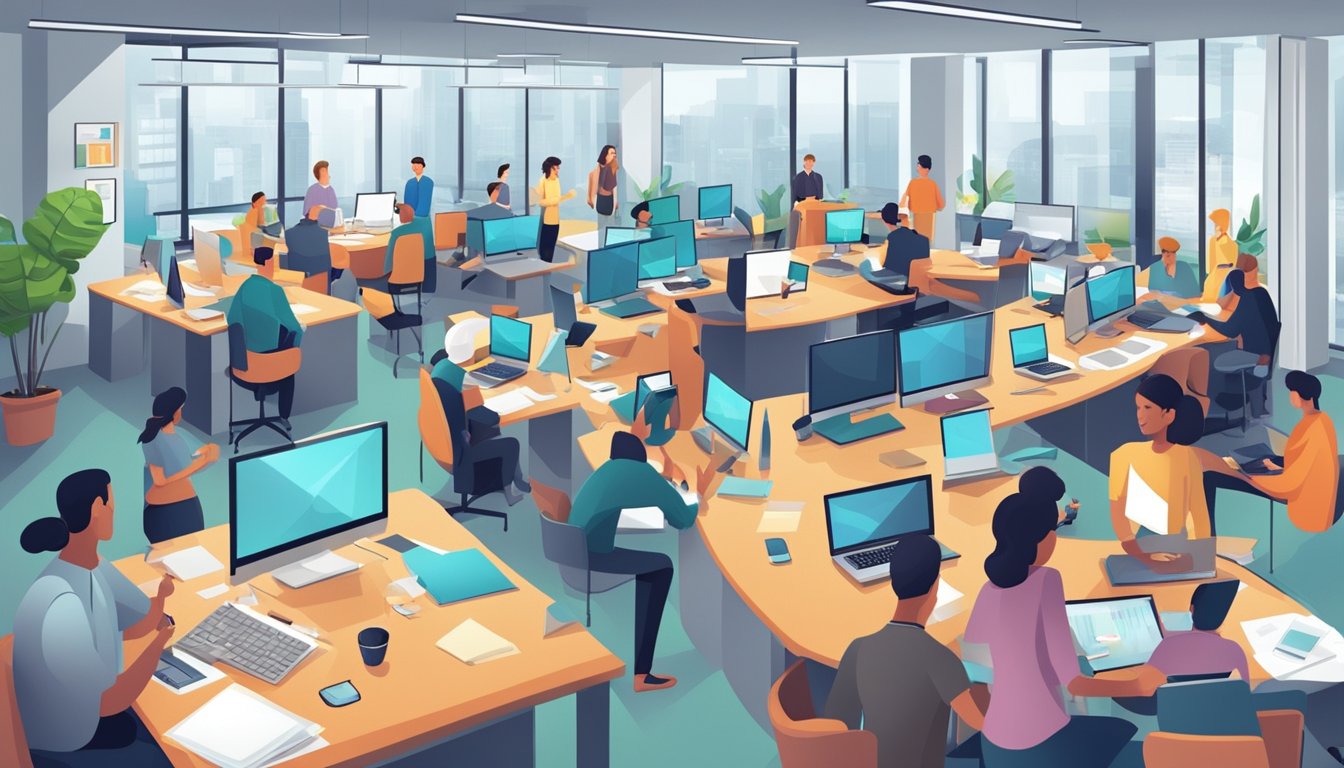 A bustling office with people discussing, brainstorming, and collaborating on innovative business ideas for Frequently Asked Questions