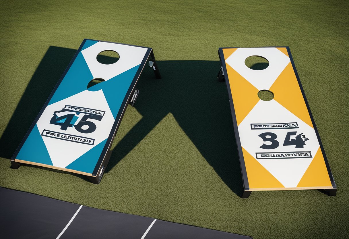 Two regulation cornhole boards set up 27 feet apart. Eight cornhole bags, four of one color and four of another, lined up on each side