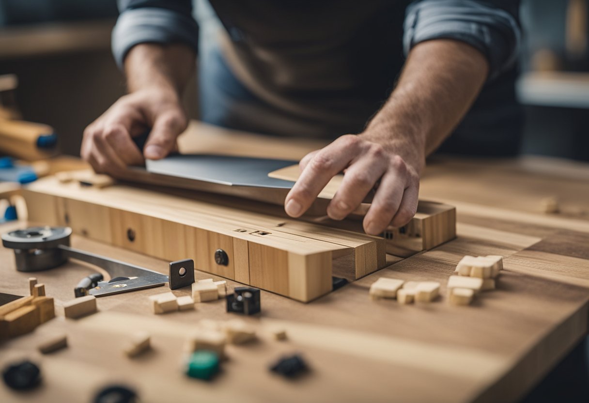 A person measures, cuts, and assembles wood to create regulation cornhole boards. Tools and materials are laid out on a workbench