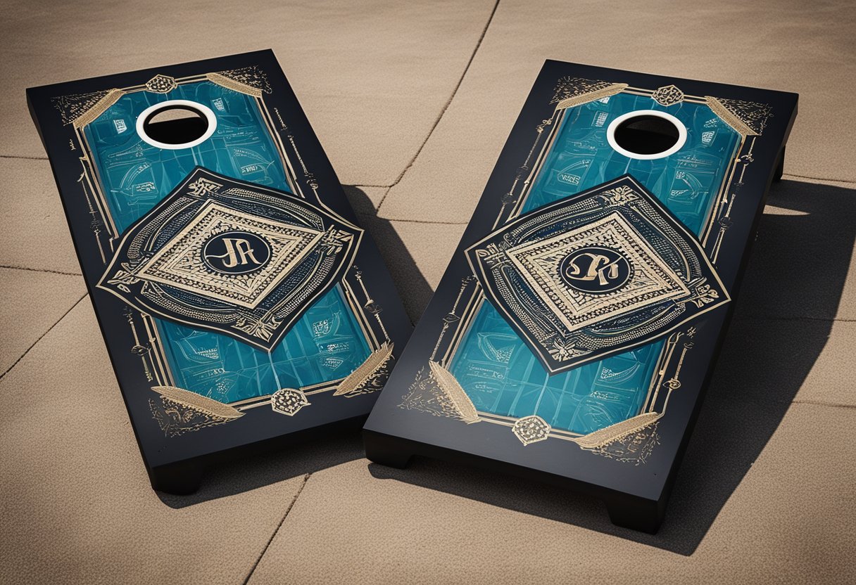 Two regulation-sized cornhole boards being customized and decorated with DIY designs and patterns