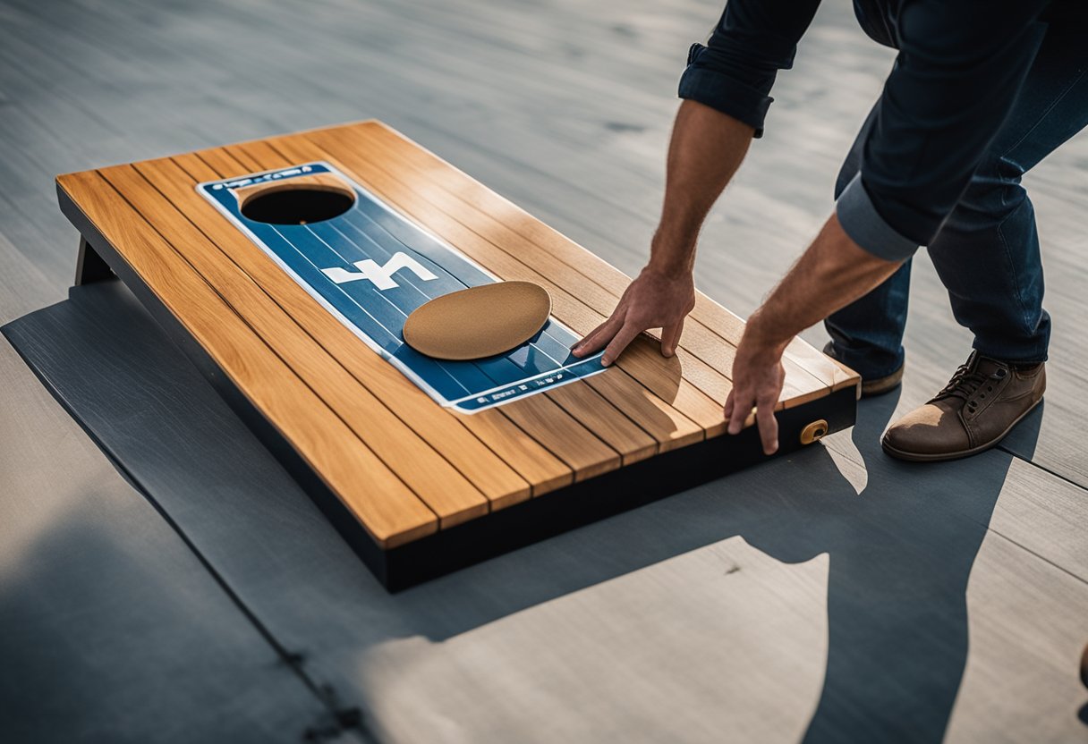 Two regulation cornhole boards are placed on a flat surface. A person is sanding the surface to remove any rough spots. Another person is applying a coat of varnish to protect the wood