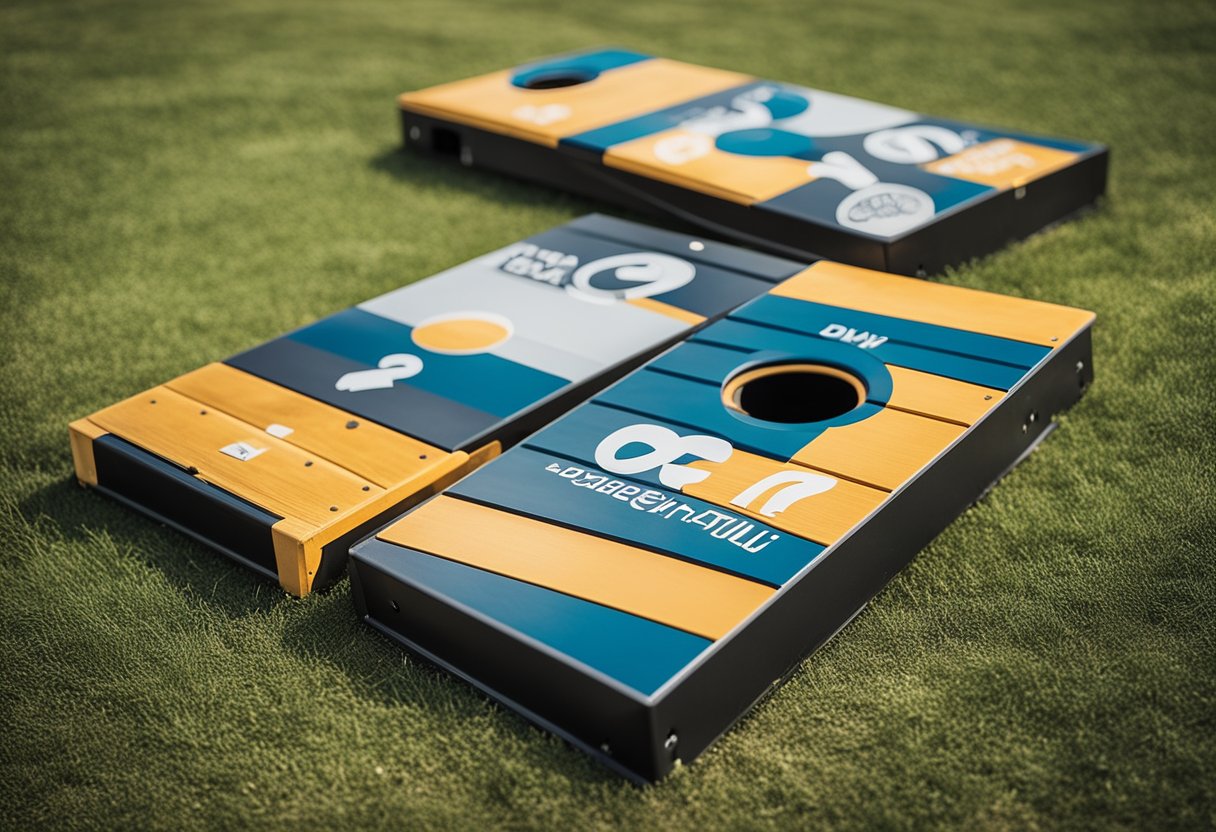 Two regulation-sized cornhole boards with a DIY design, featuring frequently asked questions and answers, set up in a backyard or outdoor space