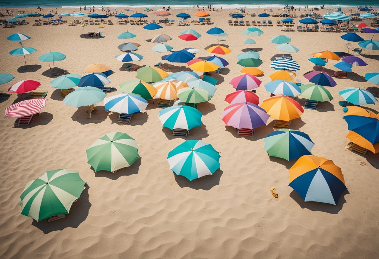 A sandy beach with colorful umbrellas, striped beach towels, and a cornhole board with beach-inspired stripes. Waves crash in the background as seagulls fly overhead