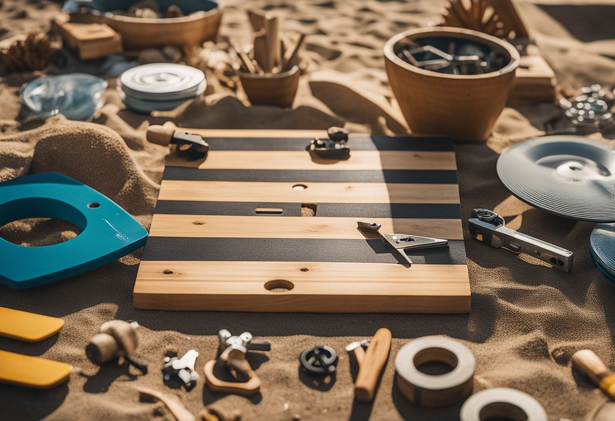 A table with various woodworking tools and materials scattered around. Beach-themed decor and striped cornhole boards in progress