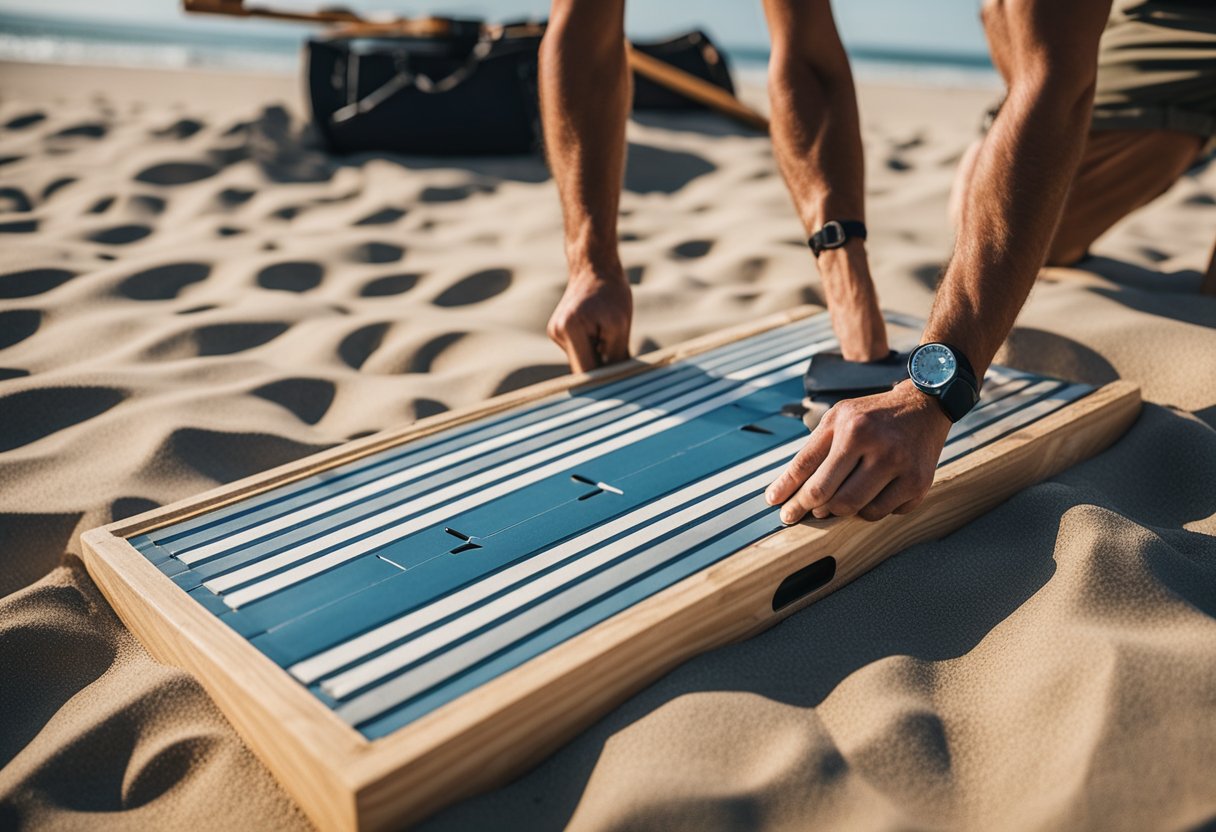 A person constructs a striped cornhole board frame on a beach with tools and materials scattered around