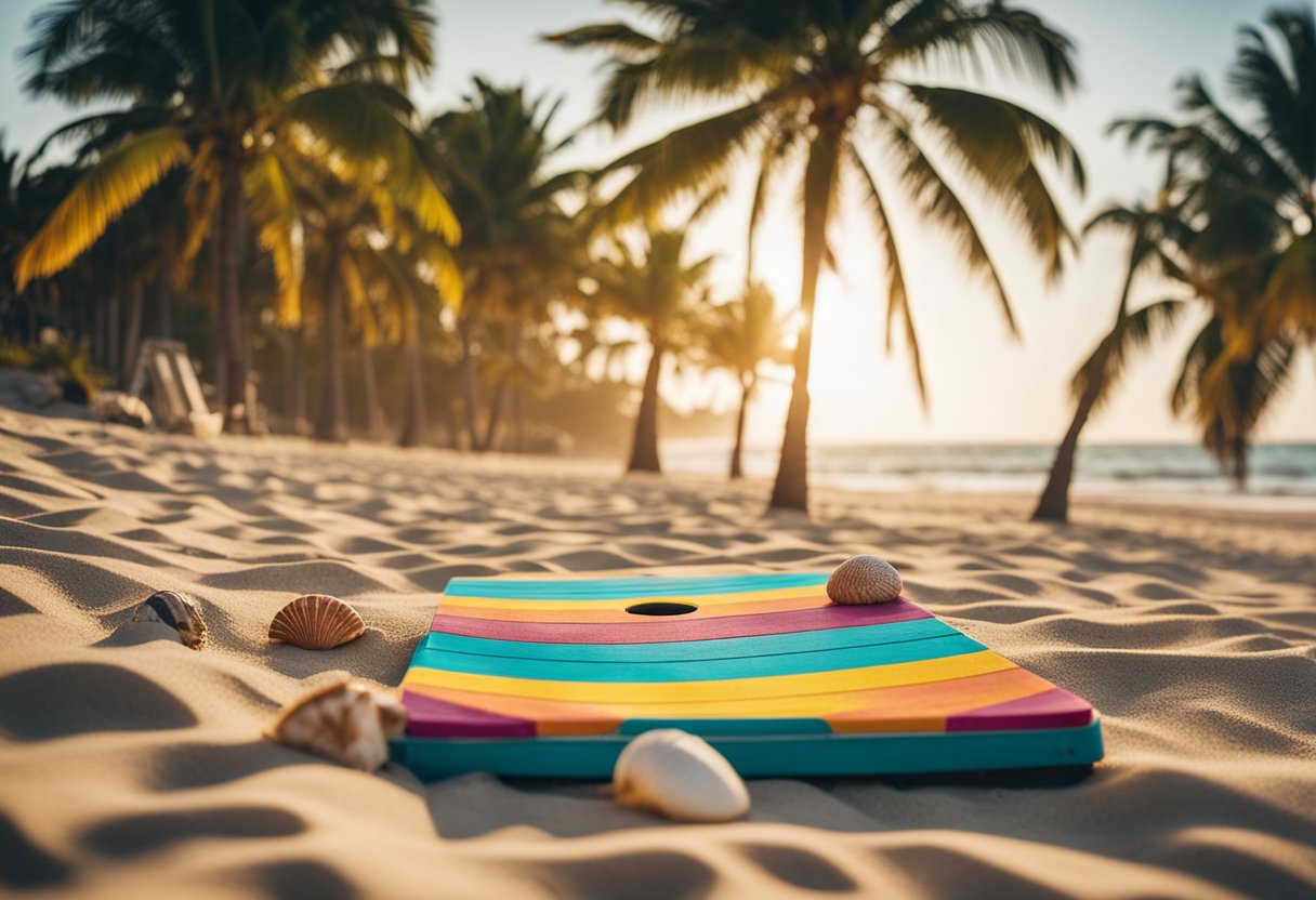 A sandy beach with colorful striped cornhole boards, surrounded by palm trees and seashells. Waves crash in the background as seagulls fly overhead