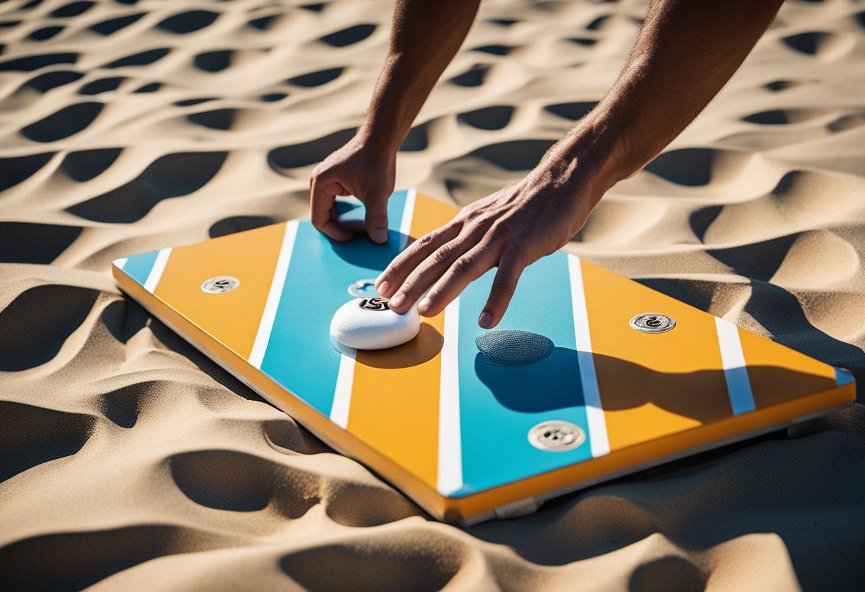 A hand applies a glossy finish to striped cornhole boards on a sandy beach, with waves crashing in the background