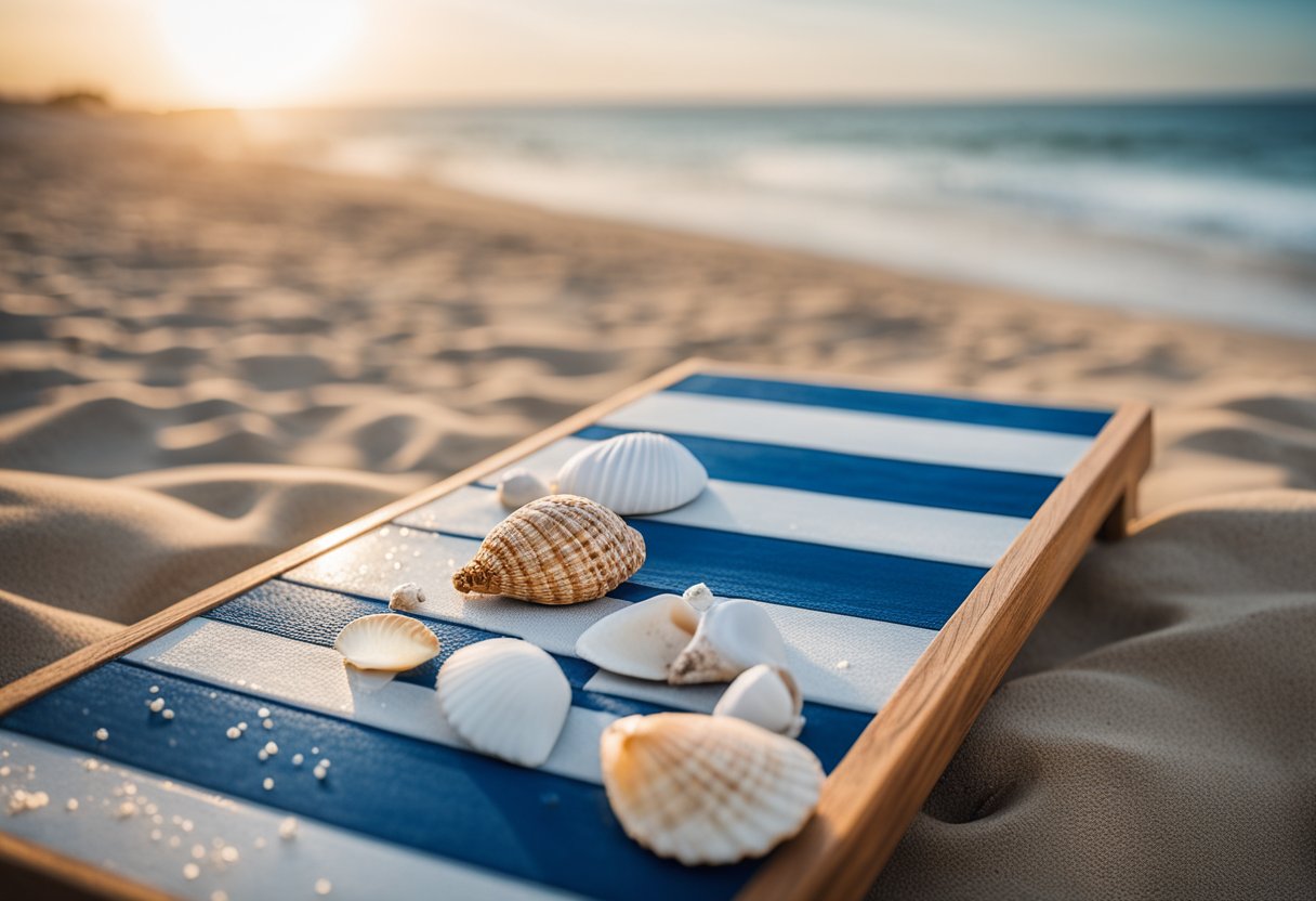 A beach-themed cornhole board with blue and white stripes, seashells, and a sandy beach backdrop