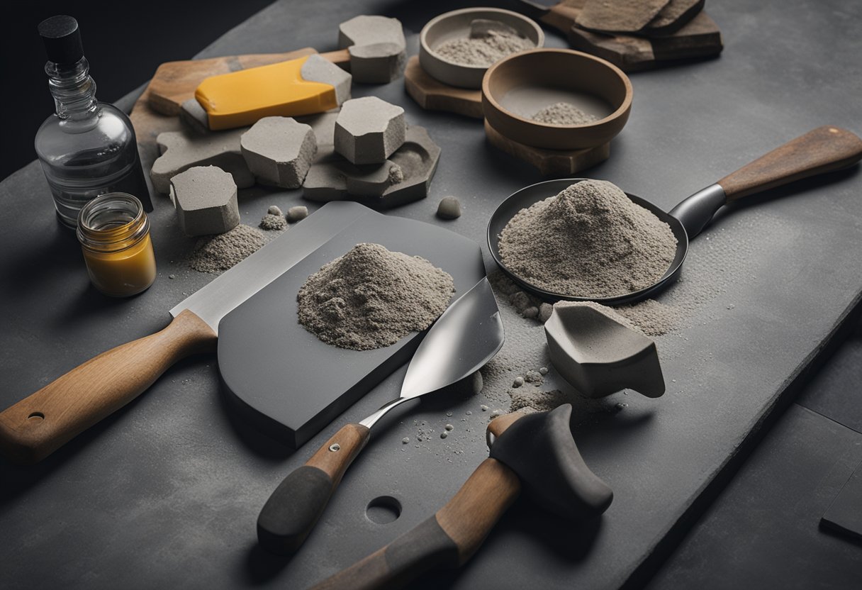 A table with concrete mix, molds, water, and trowel. A step-by-step guide book open next to the tools