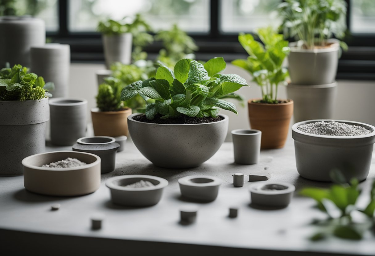 A table with concrete mixing supplies, molds, and plants. Instructions and tools laid out for DIY concrete planter project