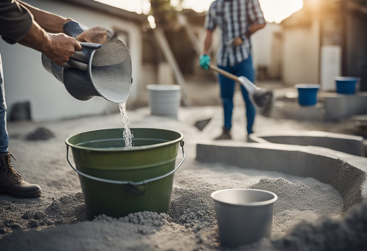 A person pours water into a bucket of dry concrete mix. They use a trowel to stir the mixture until it reaches a smooth, thick consistency