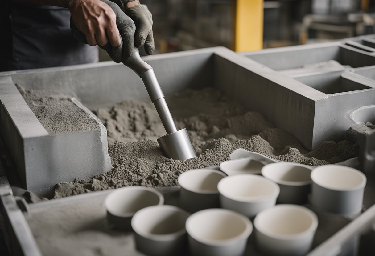 Concrete being poured into molds, then left to cure. Molds can be various shapes and sizes. Materials and tools laid out nearby