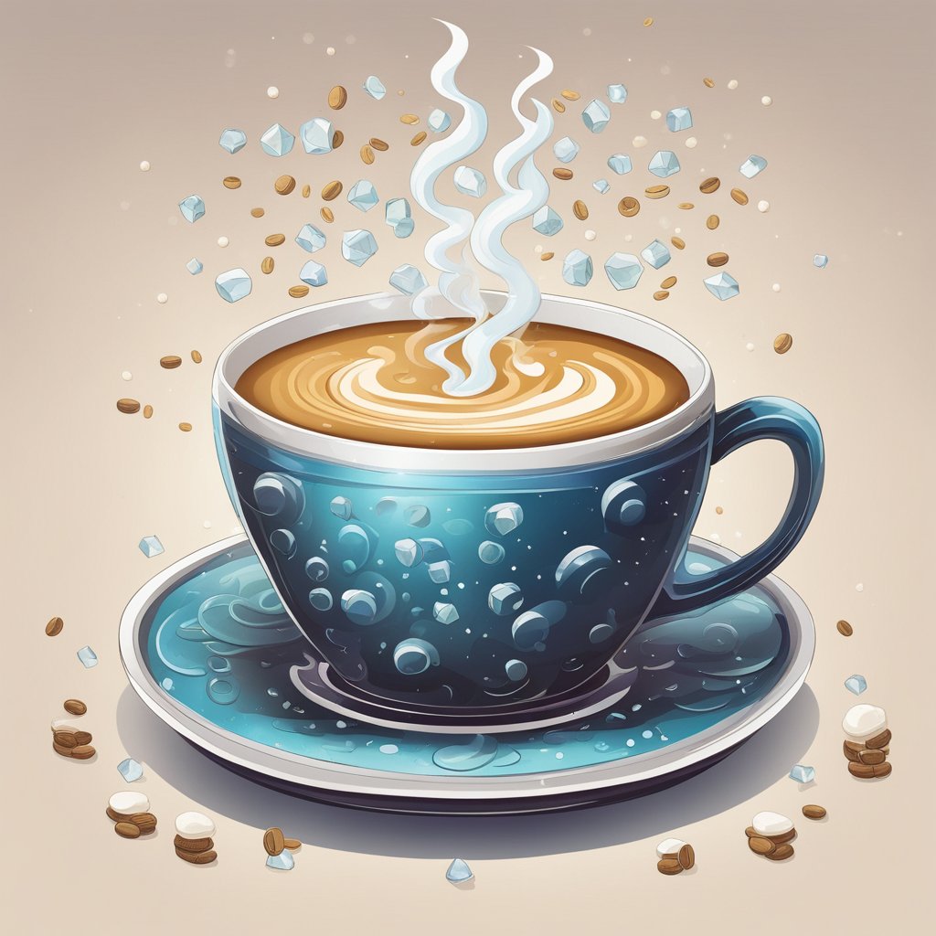 A cup of coffee with steam rising, surrounded by scattered paraxanthine molecules