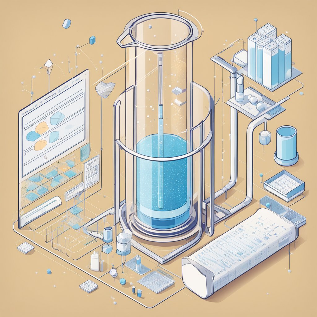 A beaker filled with paraxanthine powder, surrounded by chemical structures and properties data charts