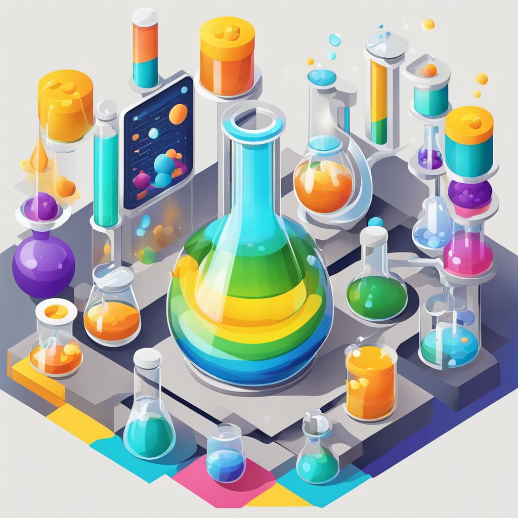 A chemical reaction occurs in a laboratory flask, releasing energy and creating a vibrant display of swirling colors and patterns