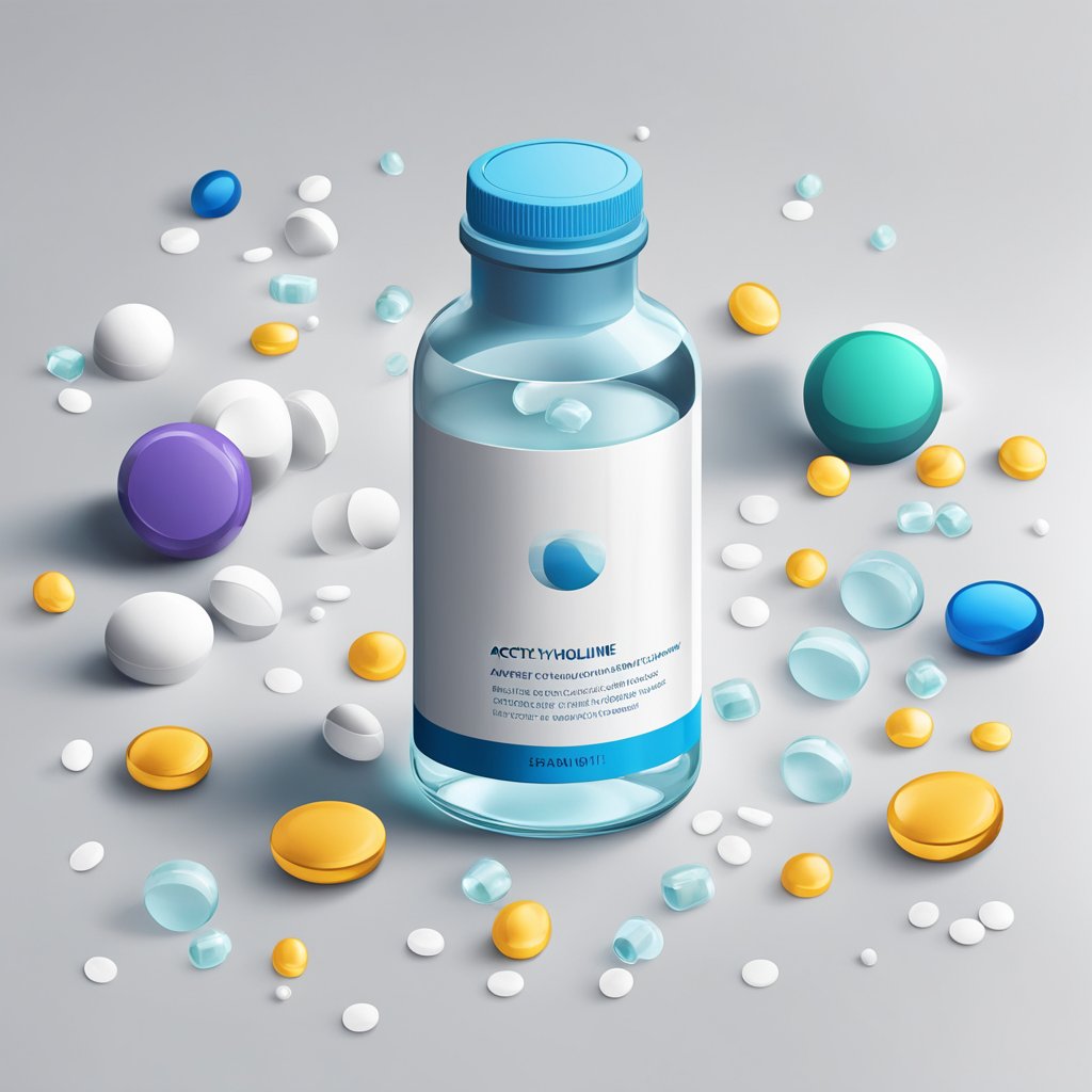 A bottle of acetylcholine supplement sits on a clean, white countertop, surrounded by scattered capsules and a glass of water
