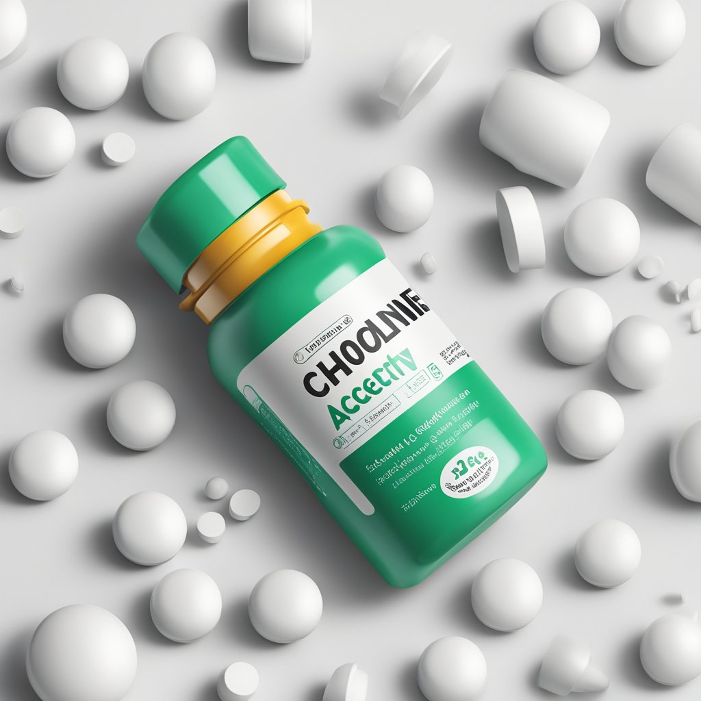 A bottle of choline acetylcholine supplement sits on a clean, white countertop. The label is clearly visible, and the bottle is surrounded by a few loose capsules