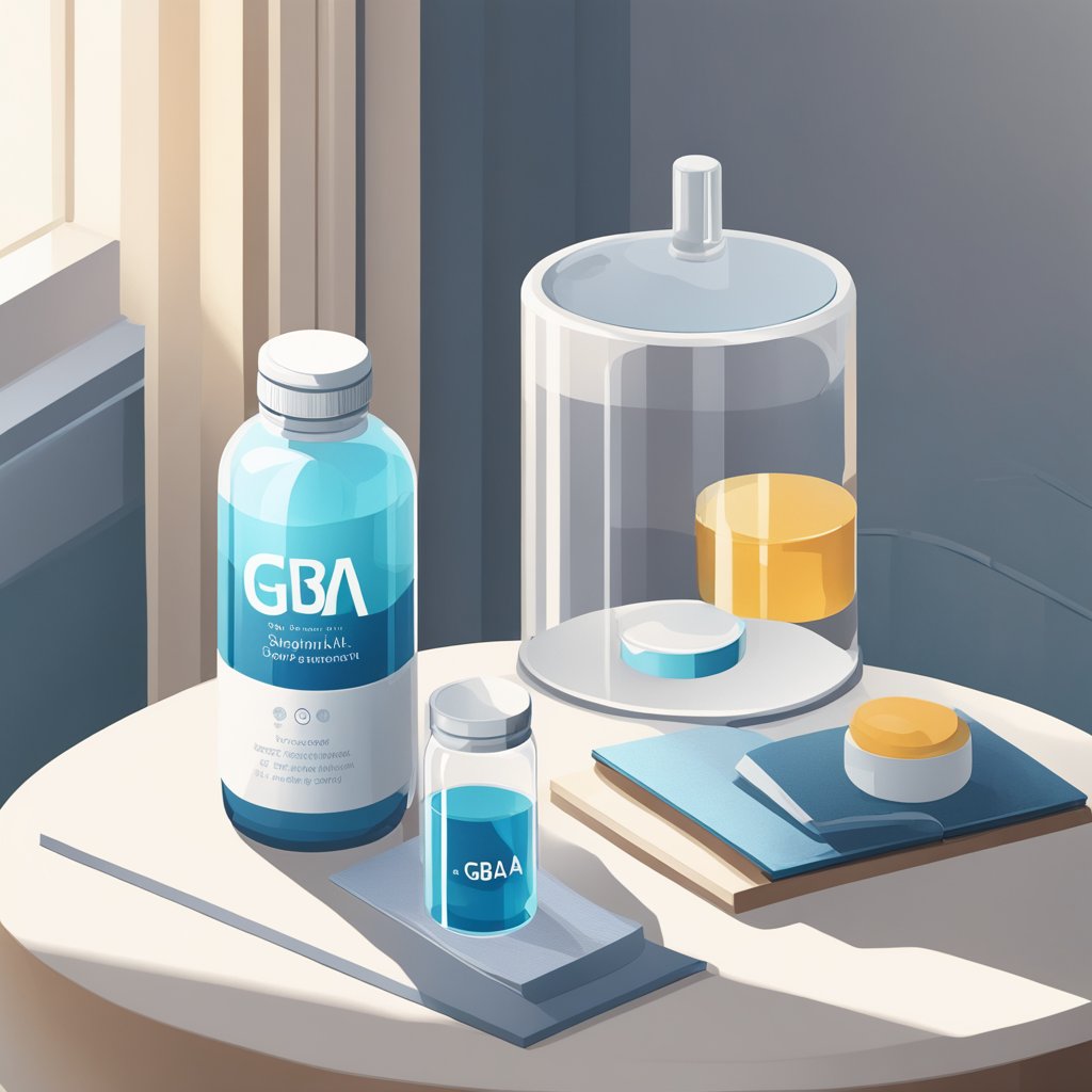 A bottle of GABA supplements next to a glass of water on a bedside table. The room is dimly lit, creating a sense of calm and relaxation