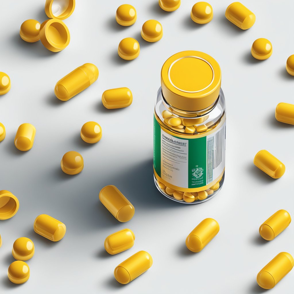 A bottle of sulbutiamine on a clean, white surface with a few loose capsules next to it
