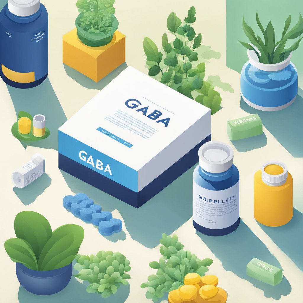 A serene, calm setting with a bottle of GABA supplements and a dosage recommendation for severe anxiety