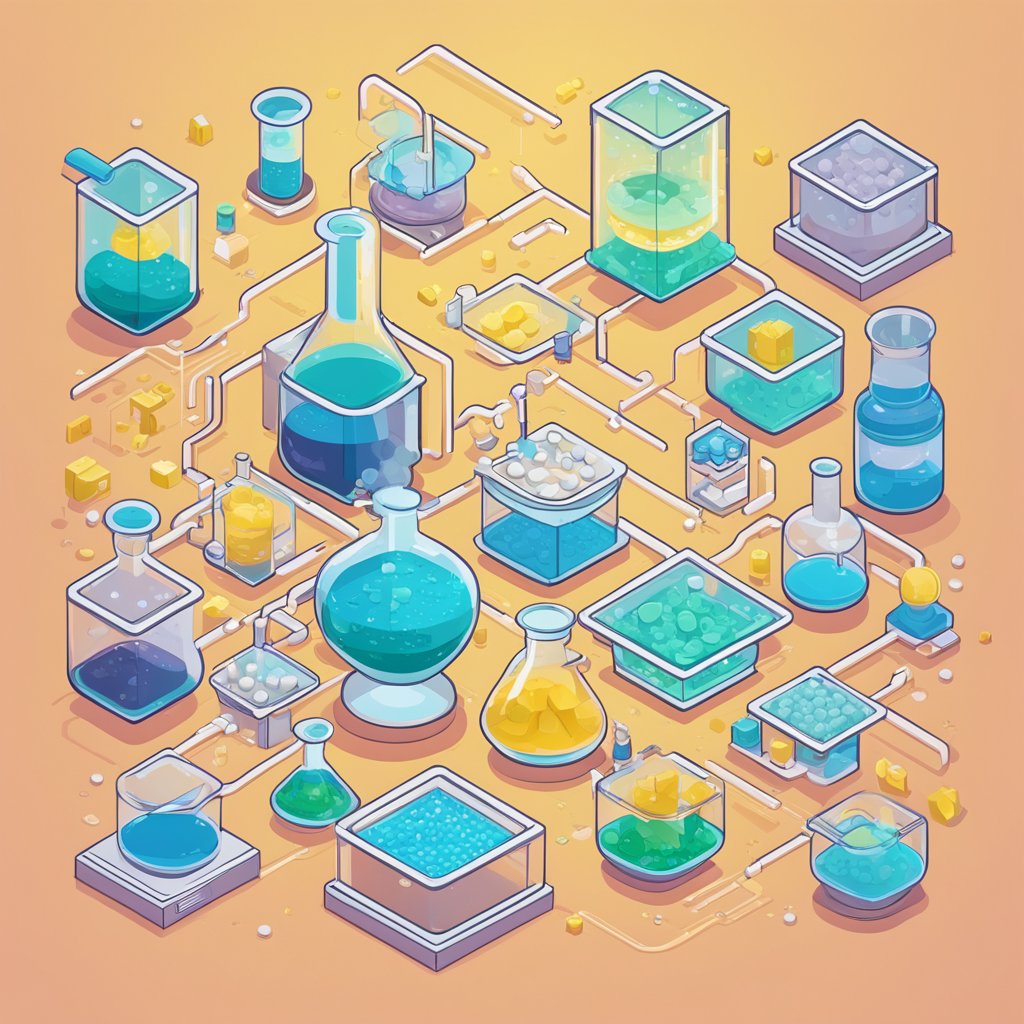 A beaker filled with sulbutiamine solution, surrounded by chemical compounds and a list of its properties