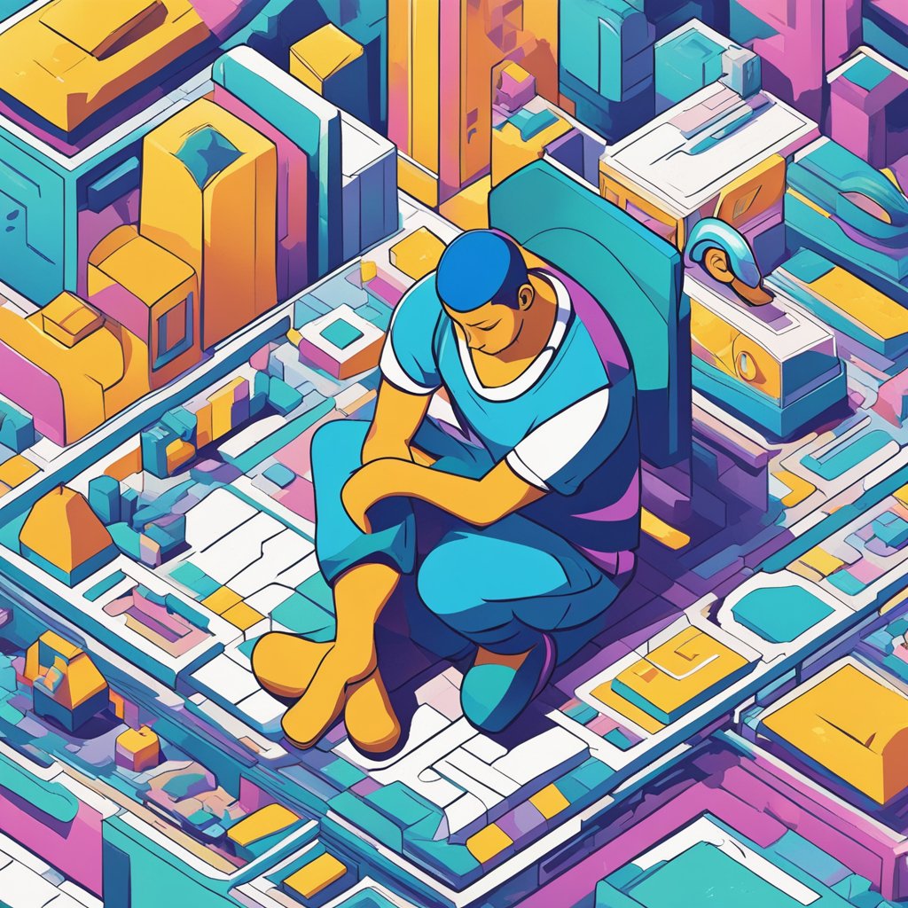 A person sits hunched over, clutching their chest. Their breaths are shallow and rapid, and their eyes dart around nervously. Sweat beads on their forehead as they struggle to calm their racing thoughts