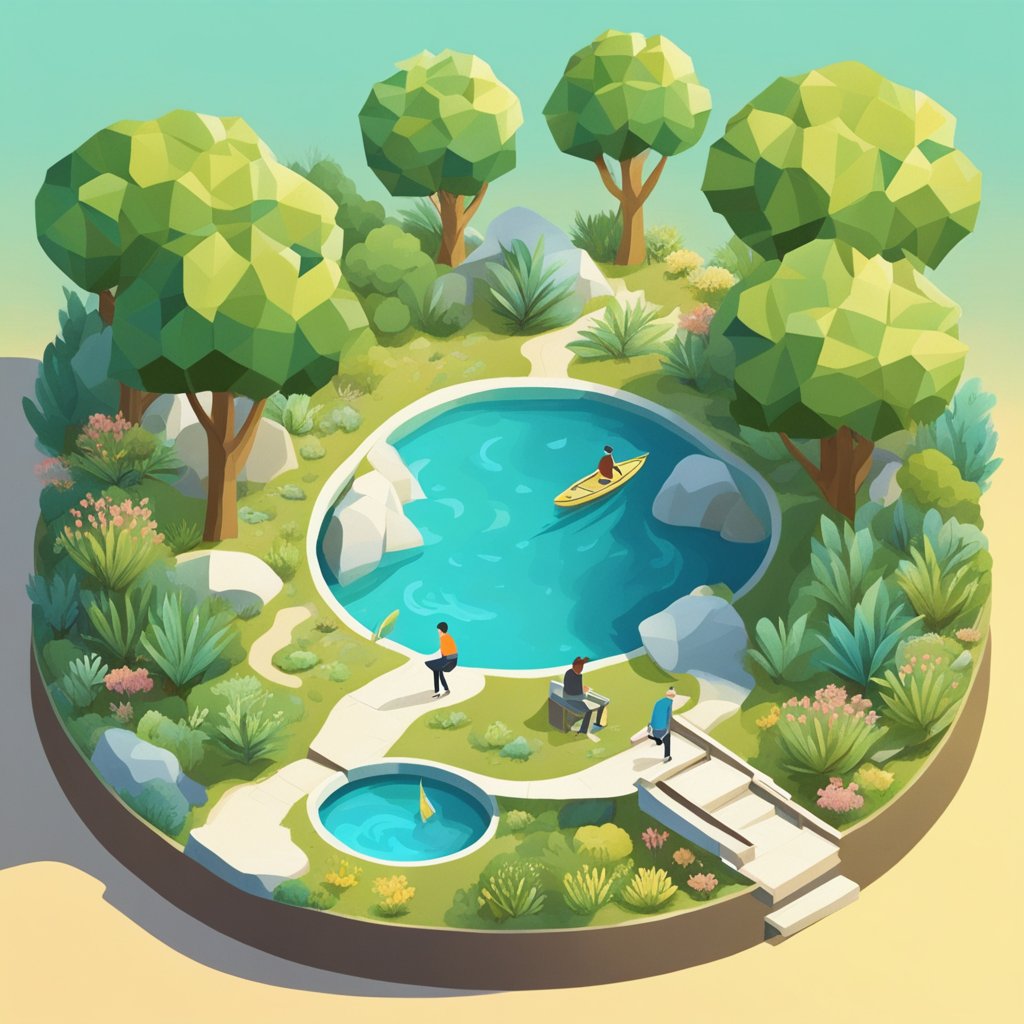 A serene setting with a person engaging in cognitive activities, surrounded by natural elements and calming colors