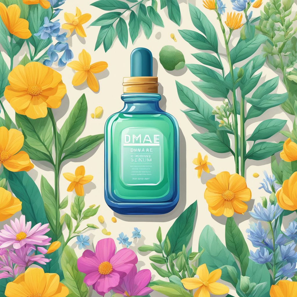 A bottle of DMAE serum surrounded by vibrant botanicals and scientific equipment