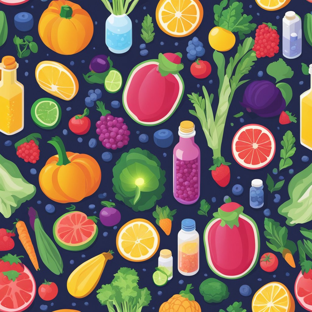 A bottle of DMAE supplement surrounded by various fruits and vegetables, with a glowing aura to represent its health benefits