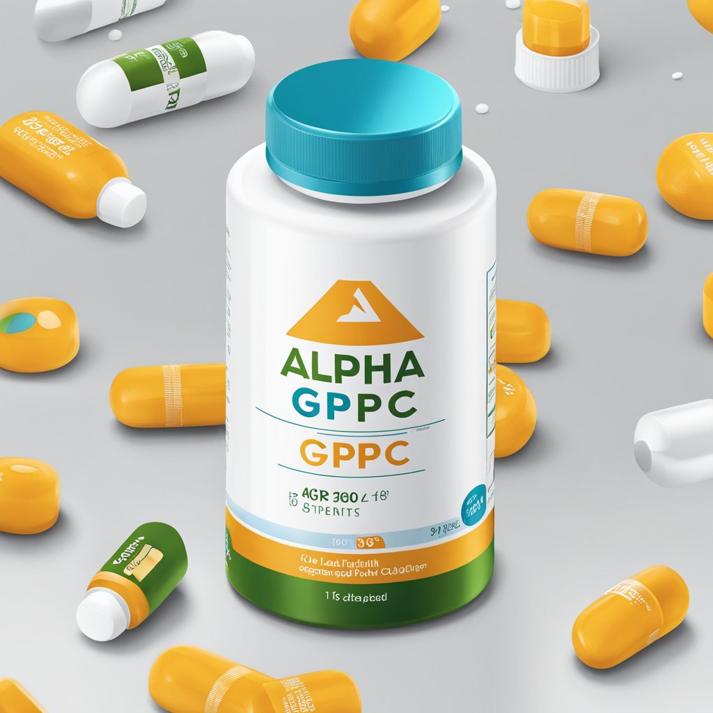 A bottle of Alpha GPC sits on a clean, white surface. The label is clear and easy to read. A few capsules are spilled out next to the bottle, showing their size and shape