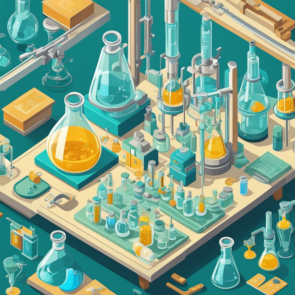 A laboratory table with beakers, test tubes, and a microscope, surrounded by scientific equipment and bottles labeled "pramiracetam."