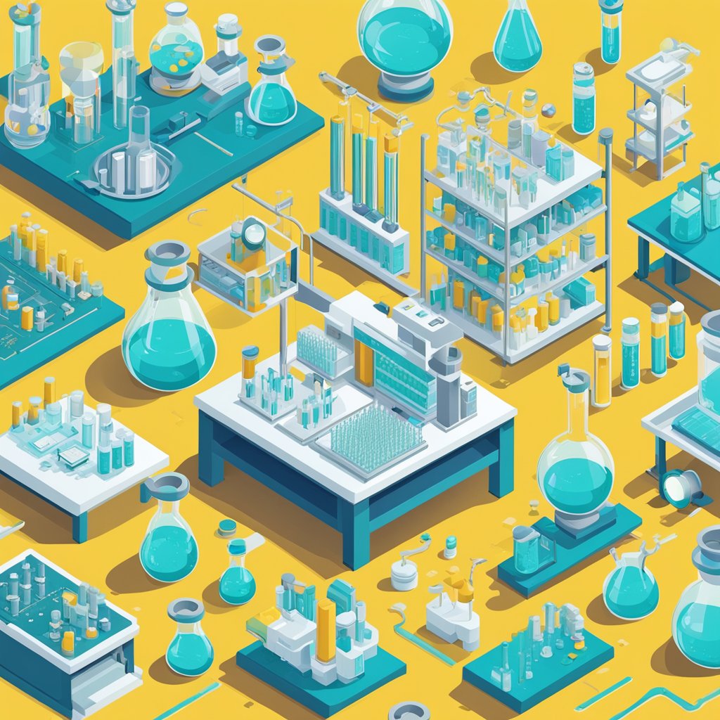 A laboratory setting with vials, beakers, and scientific equipment showcasing the research and data on pramiracetam's clinical evidence and efficacy