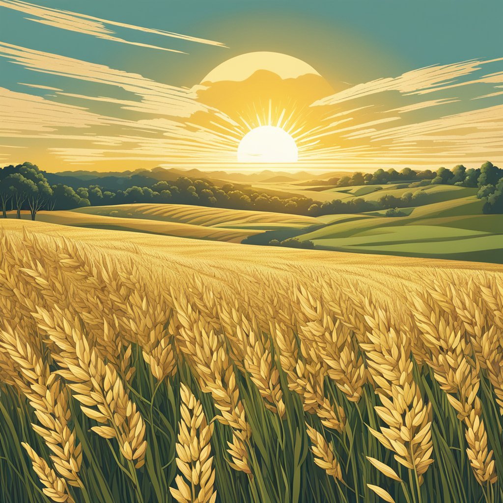 A field of oat plants swaying in the breeze, with golden straw protruding from the stalks. The sun casts a warm glow over the scene