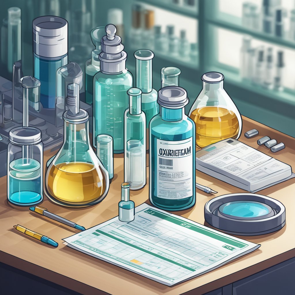 A vial of oxiracetam sits on a laboratory bench, surrounded by scientific equipment and glassware. The label on the vial is clearly visible