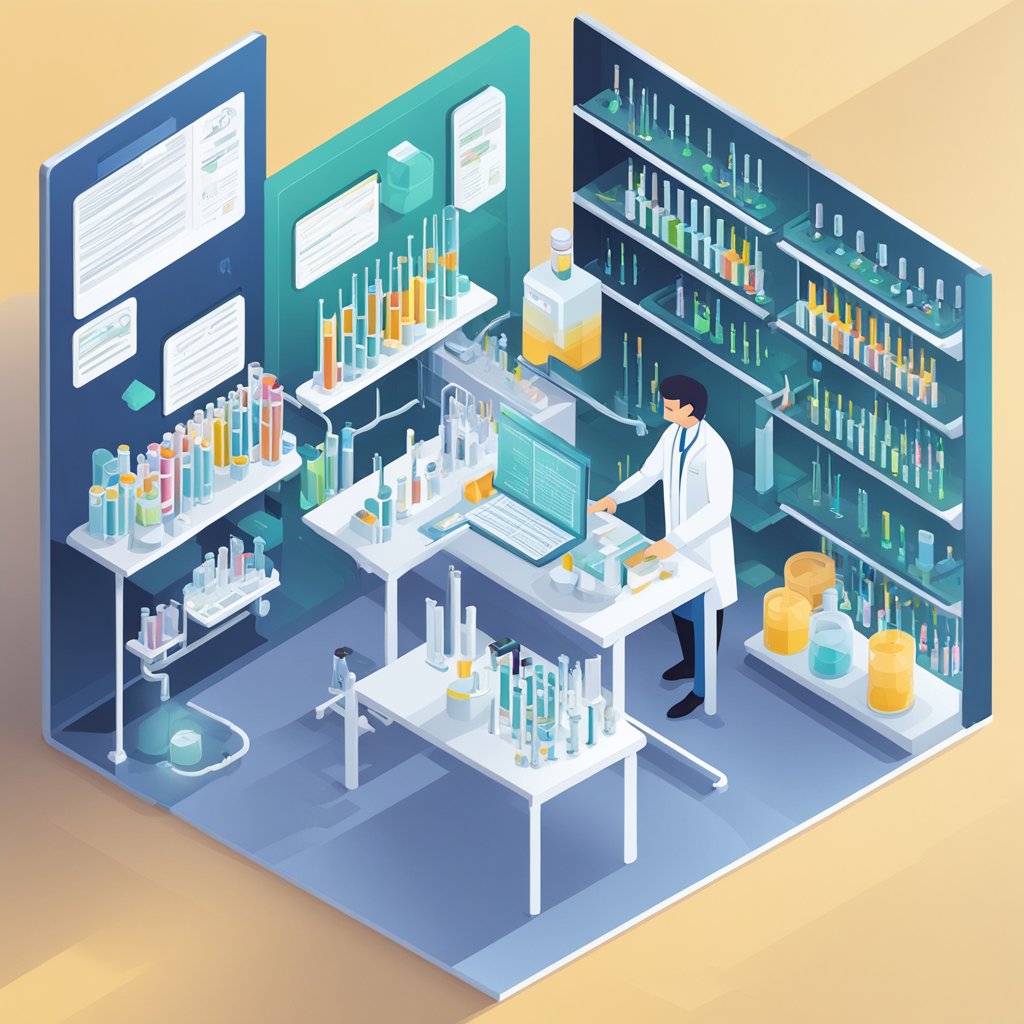 A lab setting with test tubes and equipment, showcasing data charts and research papers on oxiracetam's clinical efficacy and studies