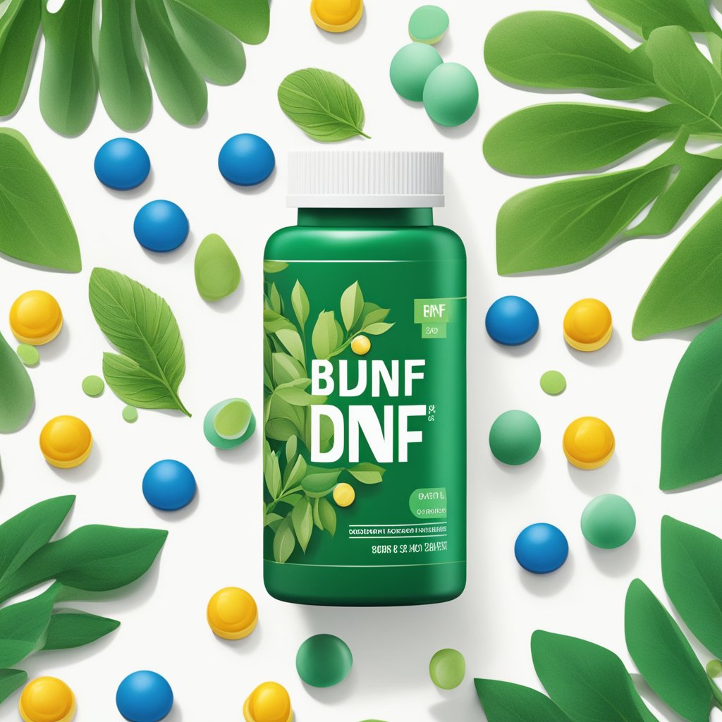 A bottle of BDNF supplements sits on a clean, white countertop, surrounded by a scattering of green leaves and a few small, colorful capsules