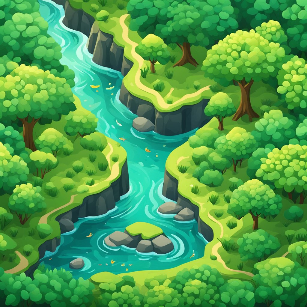 Lush green forest with sunlight streaming through the canopy, surrounded by flowing rivers and vibrant wildlife