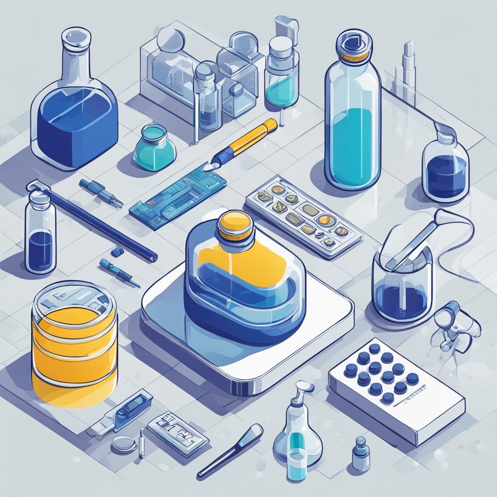 A bottle of centrophenoxine sits on a clean, white countertop, surrounded by scientific equipment and lab tools